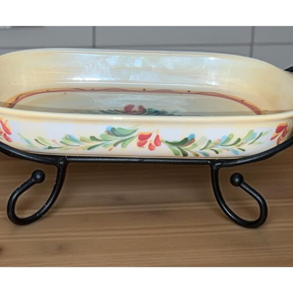 Gail Pittman Chelsea Hand Painted Stoneware Baking Dish  Iron Stand Floral Cream - Picture 5 of 6